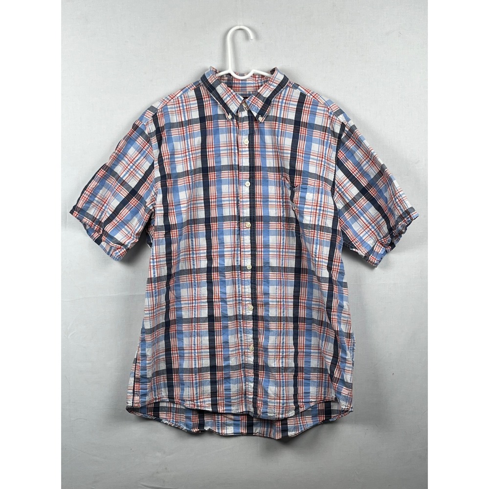 Chaps Plaid Button Down Shirt Mens XL Short Sleeve Cotton Blue Red White